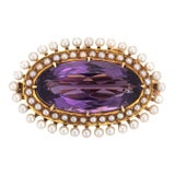 Antique Victorian Krementz Amethyst Pearl Pendant Brooch 14k Yellow Gold Jewellery For Sale