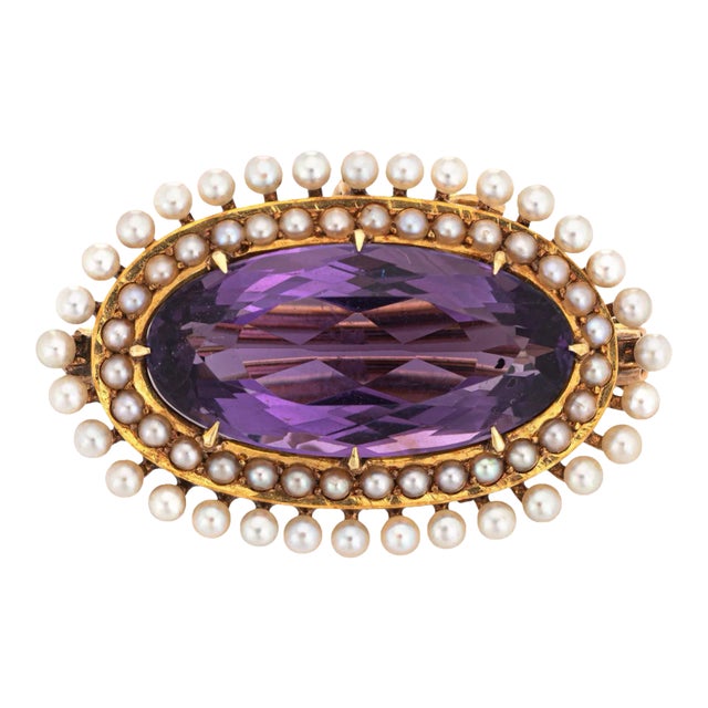 Antique Victorian Krementz Amethyst Pearl Pendant Brooch 14k Yellow Gold Jewellery For Sale