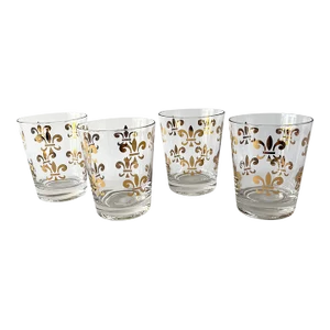 1960s Set of 4 Gold Fleur De Lis Double Old Fashioned Bourbon Glasses