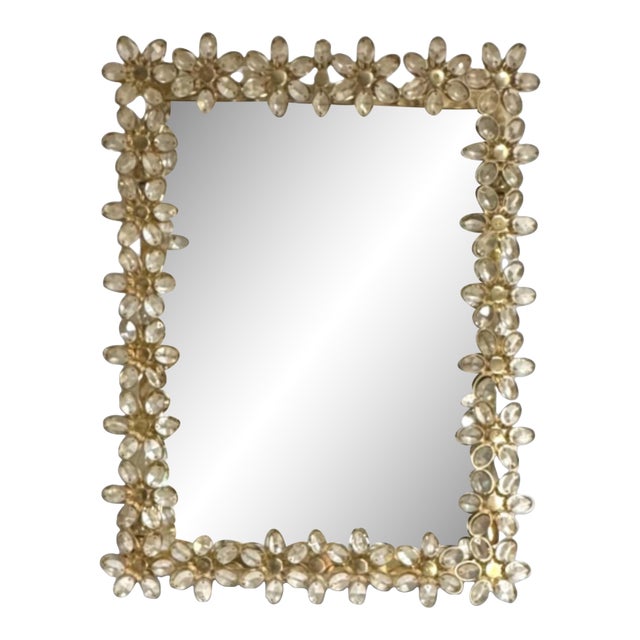 A Vintage Gilt Brass and Crystal Flower With 6 Bulbs Mirror by Palwa. For Sale
