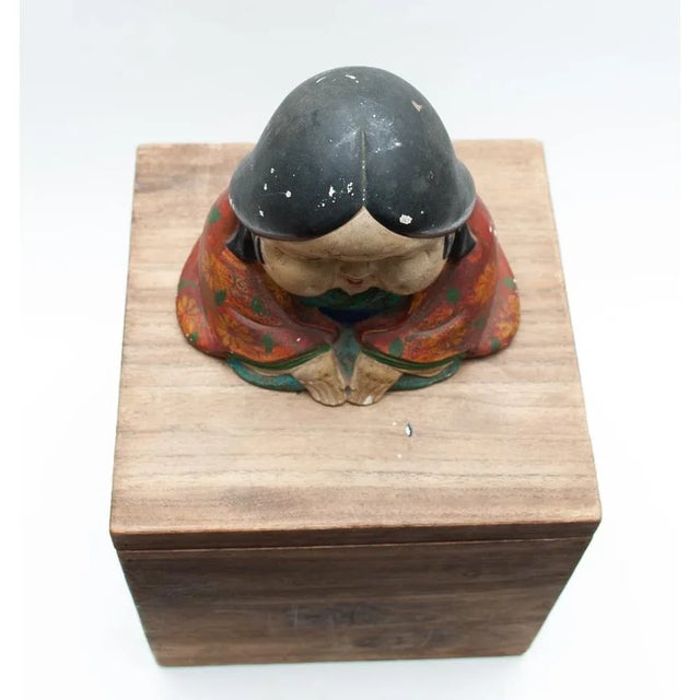 Meiji Era Otafuku Girl Figurine on Wood Stand For Sale - Image 4 of 13