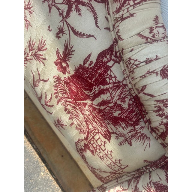 Textile Vintage French Country Toile Upholstered Headboard – King/Queen, Rolled Silhouette For Sale - Image 7 of 10