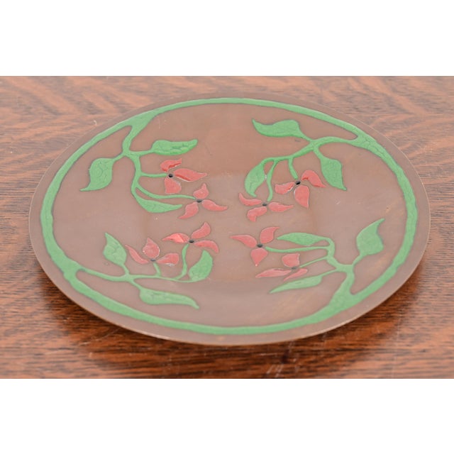 Heintz Art Metal Shop Art Crafts Shop Antique Hammered Copper and Enamel Plate, Circa 1905 For Sale - Image 4 of 11