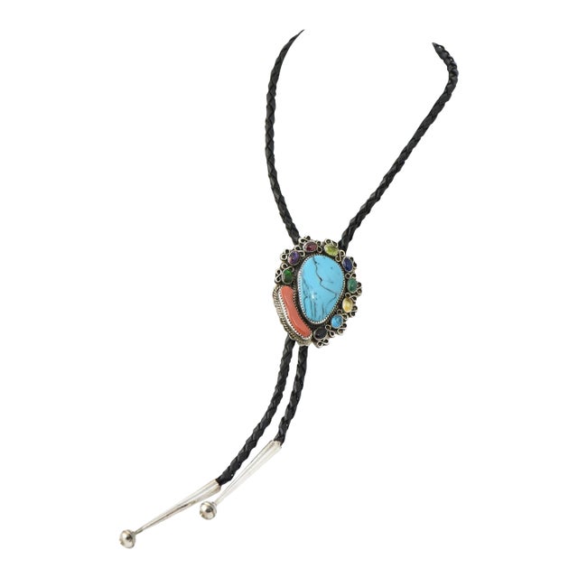 Vintage Native American Sterling Silver and Gemstone Leather Bollo Necklace For Sale