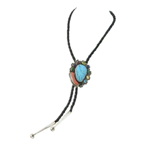 Vintage Native American Sterling Silver and Gemstone Leather Bollo Necklace