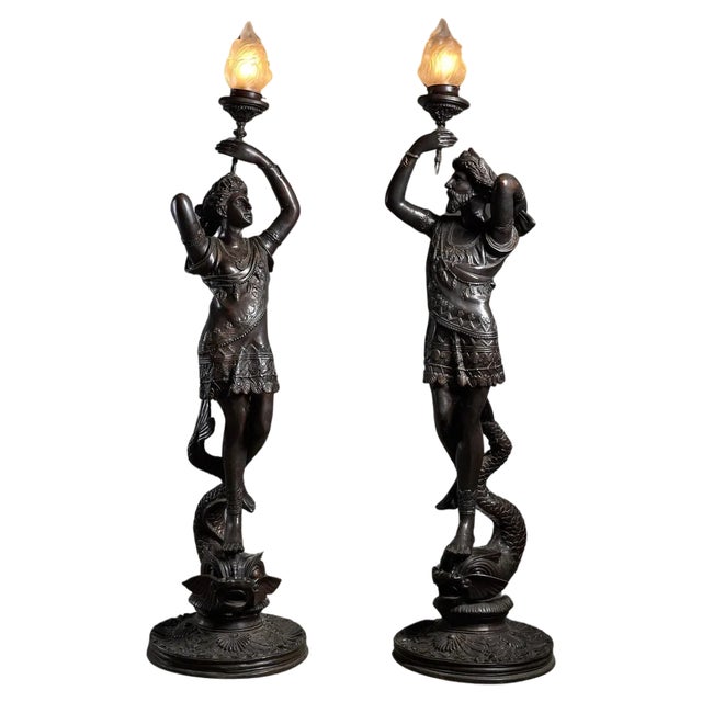 Large Sculptural Male and Female Lamps in Bronze, 1920s, Set of 2 For Sale
