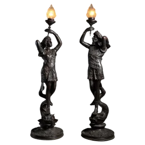 Large Sculptural Male and Female Lamps in Bronze, 1920s, Set of 2