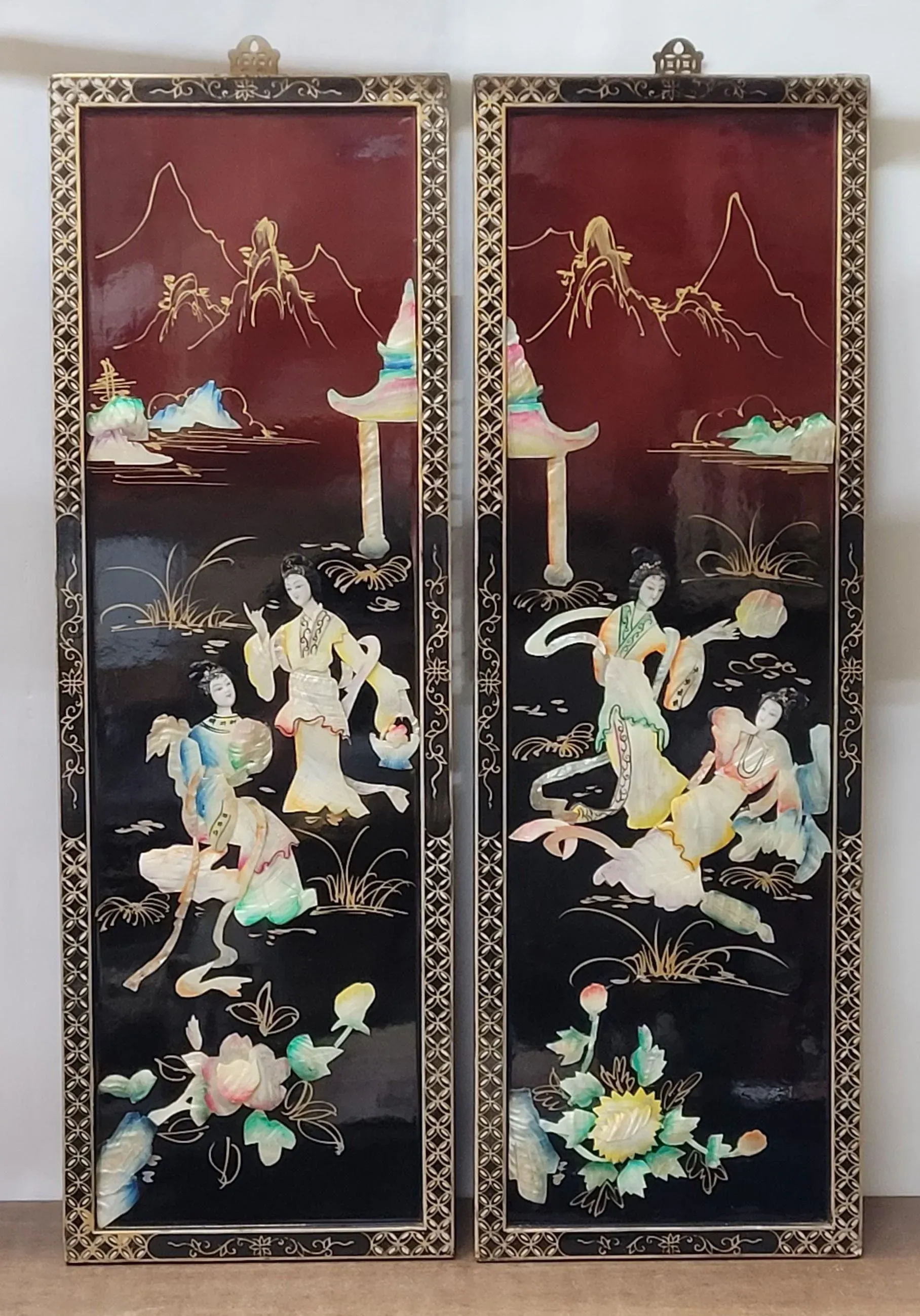 Asian Vintage x 2 walldeco【値下げ】 orientalmotif 【50s】1950s Art and Lacquer Black - Panels Wall Hangable アンティーク雑貨