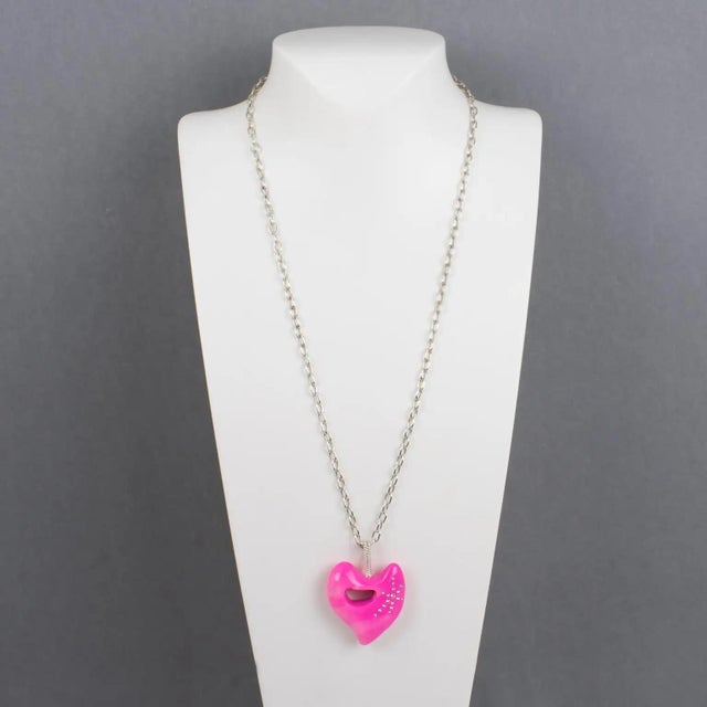 Contemporary Christian Lacroix Chain Necklace with Pink Resin Heart Medallion For Sale - Image 3 of 11