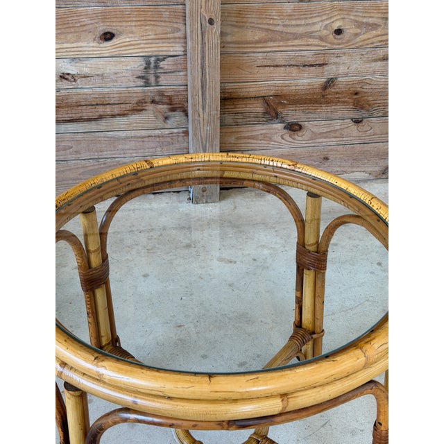 Wood Vintage Round Rattan Side Table With Custom Glass Top For Sale - Image 7 of 12