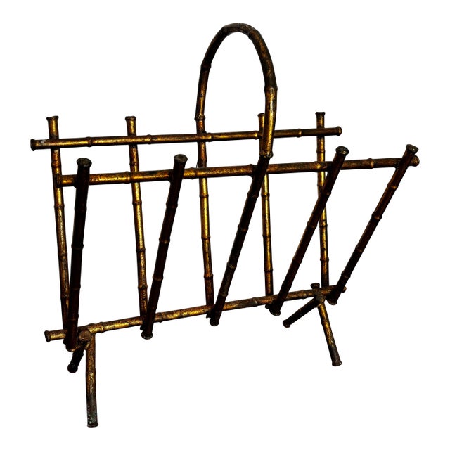 1960s Hollywood Regency Italian Metal Gilt Faux Bamboo Magazine Stand For Sale