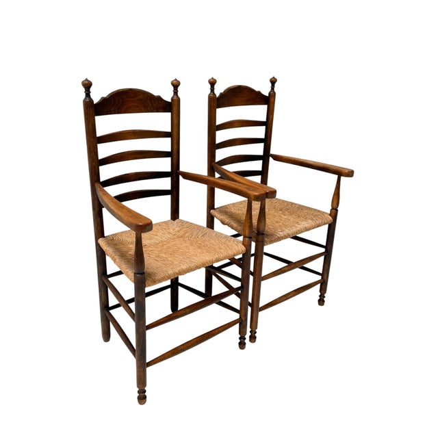 Rustic Dutch Ladder Back Armchairs in Patinated Beech, 1900s, Set of 2 For Sale - Image 12 of 13