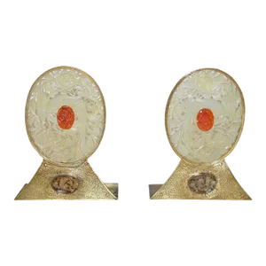 Antique Chinese Jade Red Agate Engraved Brass Bookends- a Pair