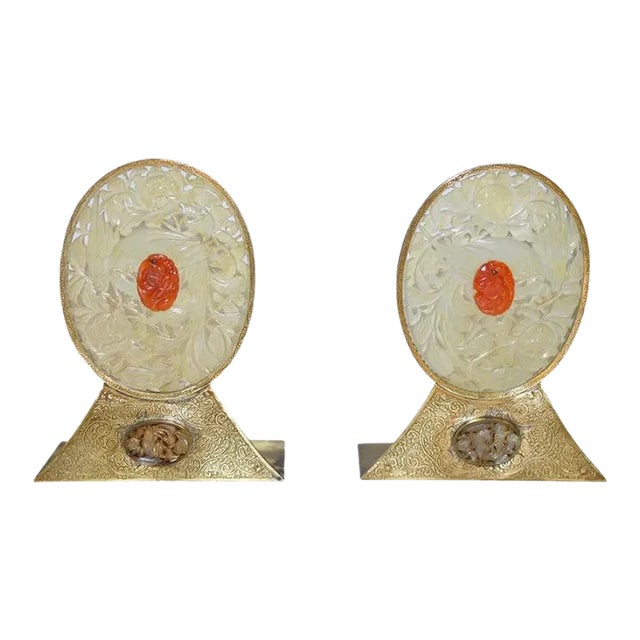 Pair Antique Chinese Serpentine Jade Red Agate Engraved Brass Bookends For Sale