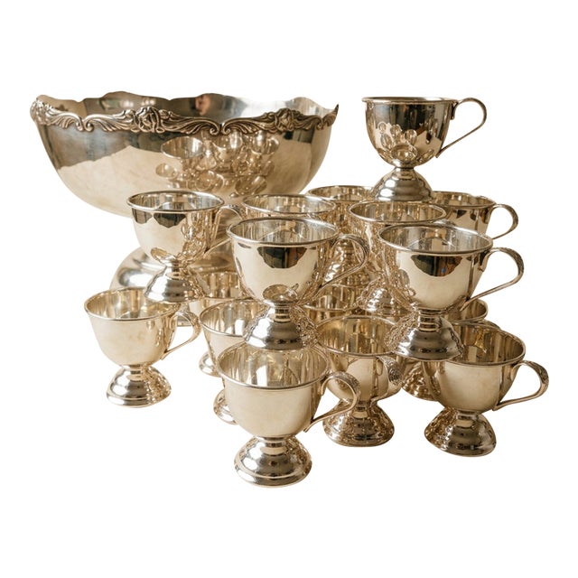 Vintage Mid Century Modern Silver Plate Pedestal Punch Bowl Set With 24 Cups - 25 pcs For Sale