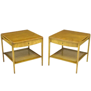 Widdicomb Bleached Walnut & Cane Single Drawer End Tables - a Pair