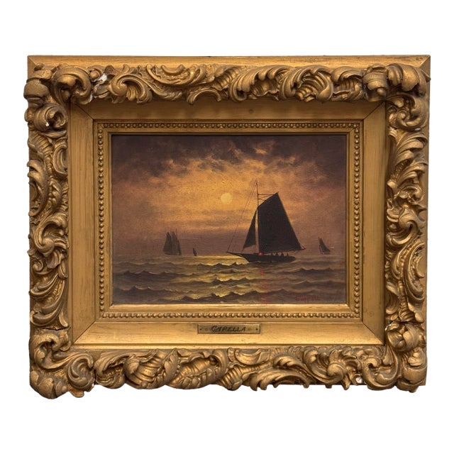 Capella Signed Moonlit Sailboat Seascape Oil Painting For Sale