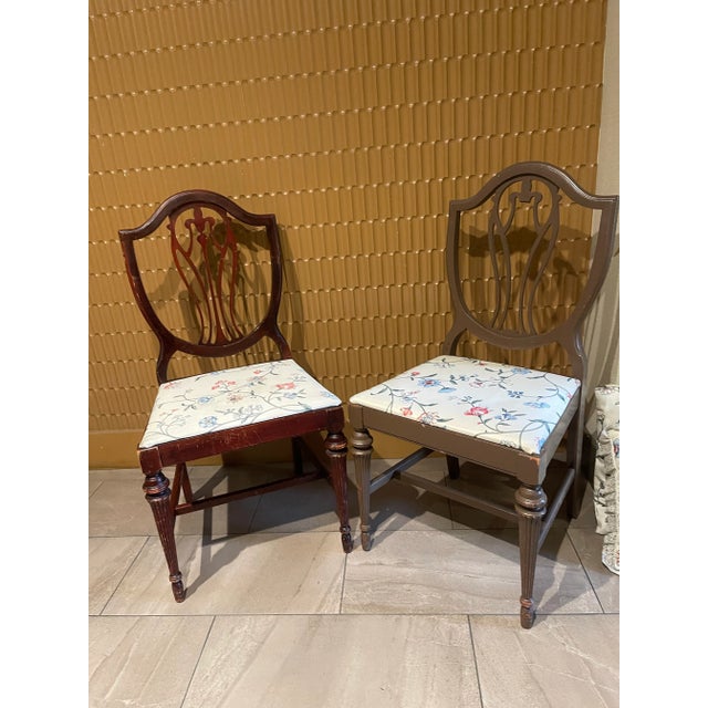 Early 20th Century Pair of Phyfe-Style Mahogany Hepplewhite Shield-Back Modified and Reupholstered Armchairs For Sale - Image 5 of 12