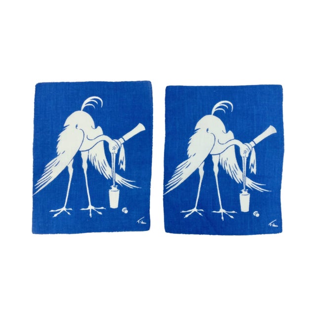 Early 20th Century Pair Tom Lamb Blue Stork Pelican Cocktail Napkins Art Deco Barware For Sale - Image 5 of 9