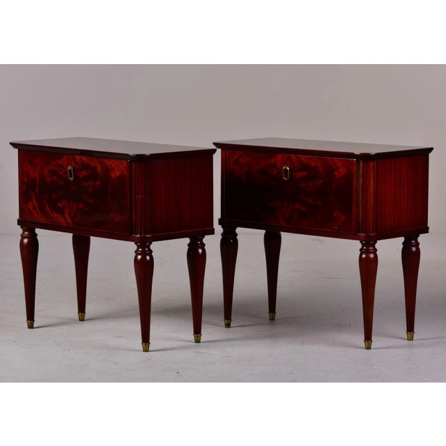 1970s Mid Century Italian Tiger Wood Bedside Chests With Brass Tipped Legs and Hardware - Pair For Sale - Image 5 of 13