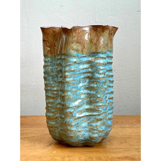 Mid-Century Modern Vintage Textured Blue Ceramic Vase For Sale - Image 3 of 12