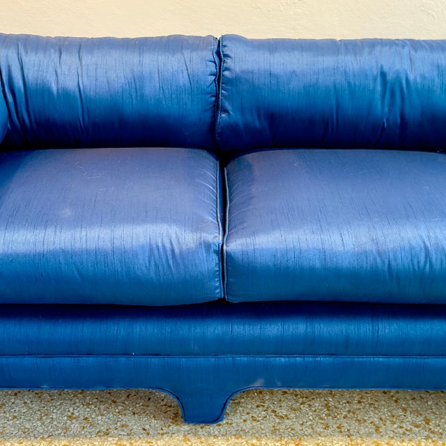 1980s Art Deco Chinoiserie Style Royal Blue Allover Upholstered 3-Seater Sofa For Sale - Image 9 of 16