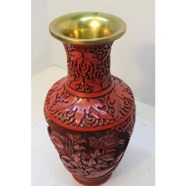 1980s Floral Cinnabar-Style MCM Asian Revival Style Molded Baluster Vase For Sale - Image 16 of 18