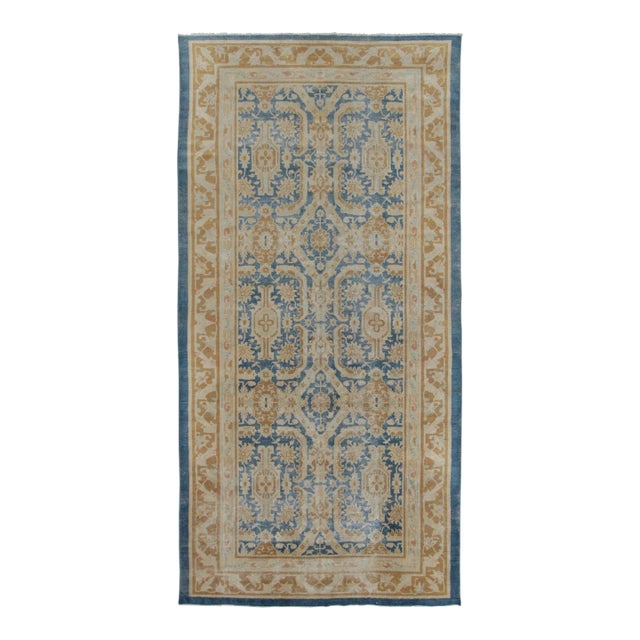 Antique Mahal Runner With Brown and Blue Dense Geometric Pattern - Rug & Kilim For Sale