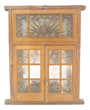 Large 3 Panel Leaded Stain Glass Antique Solid Teak Frame Window OLD