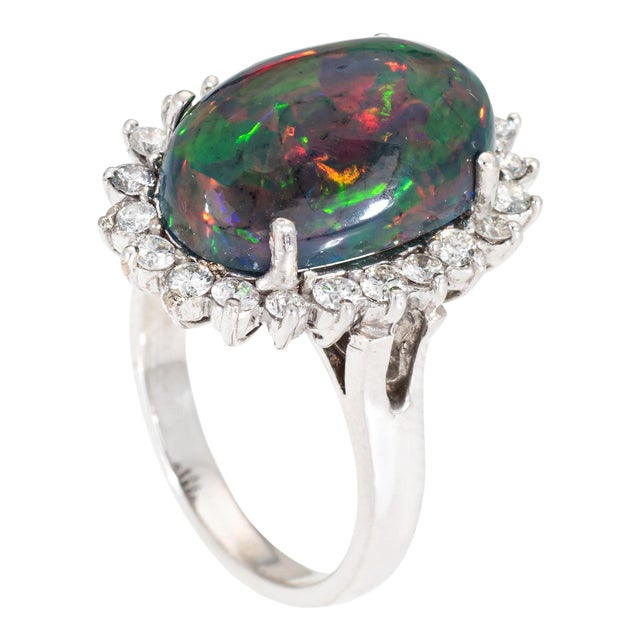 8.10ct Ethiopian Black Opal Diamond Oval Princess Estate 14k Gold Cocktail Ring Size 7.5 For Sale