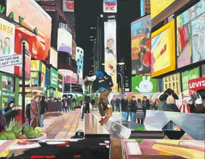 Angela Wakefield, Skate Boarder Times Square New York City after the Rain by British Urban Artist, 2023