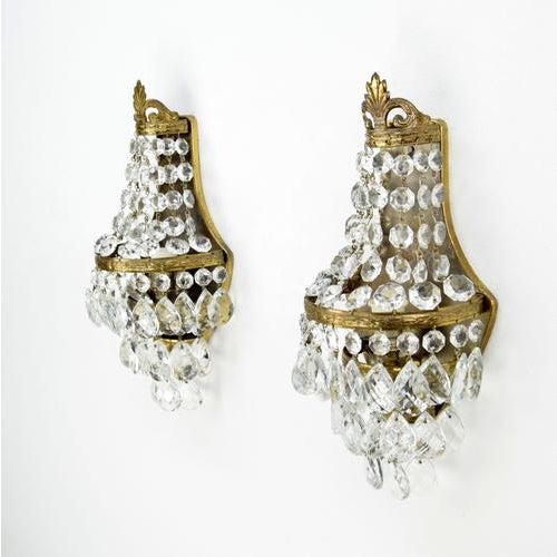 French Empire Style Brass & Crystal Wall Sconces, 1930s, Set of 2 For Sale - Image 5 of 7