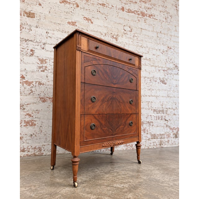 Vintage French Regency Style Solid Wood 4 Drawer Highboy Dresser on Wheels and Original Hardware For Sale - Image 4 of 8