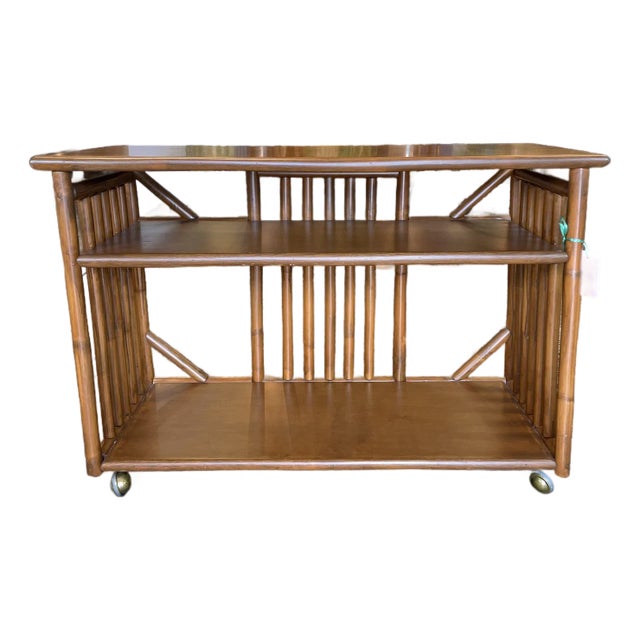 1960s Vintage Bamboo Bar Cart or Bookshelf on Brass Casters For Sale