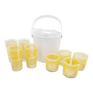 1960s Georges Briard Yellow White Icicles Barware Set- 10 Pieces