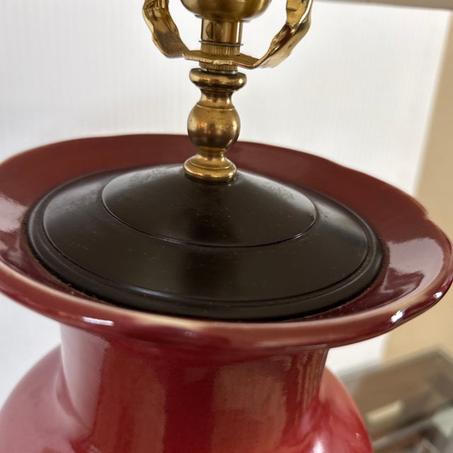 Oxblood Table Lamp With Bell Shade, Asian Influenced For Sale - Image 9 of 11