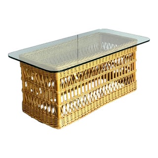 Vintage Boho Trellis Rattan Coffee Table For Sale