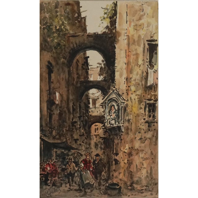 Charming mid century watercolor painting of late 19th Century Paris street scene circa 1950. Signed lower left "Julius",...