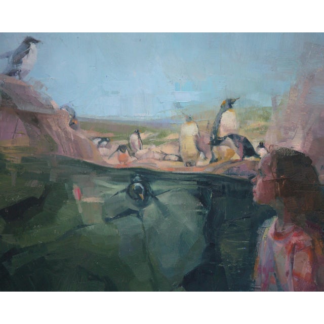 Contemporary Diver by Elena Burykina | Oil on Paper Girl observing penguins near water's edge. For Sale - Image 3 of 4