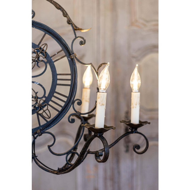 Mid 20th Century French Wrought Iron Six-Light Clock Face Chandelier with Scrolling Arms For Sale - Image 9 of 10