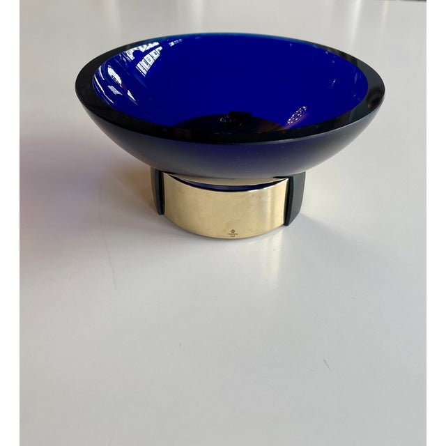 Skultuna Bowl in Cobalt Blue Mouth-Blown Glass and Brass by Michael Kurpatov, 1960s For Sale - Image 4 of 8