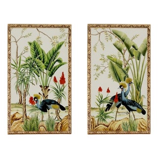 W24"*h48"/Panel, a Set of 2 Panels Vintage-Style Botanical Panels With Crowned Cranes on Cream Ground (No Frame) For Sale