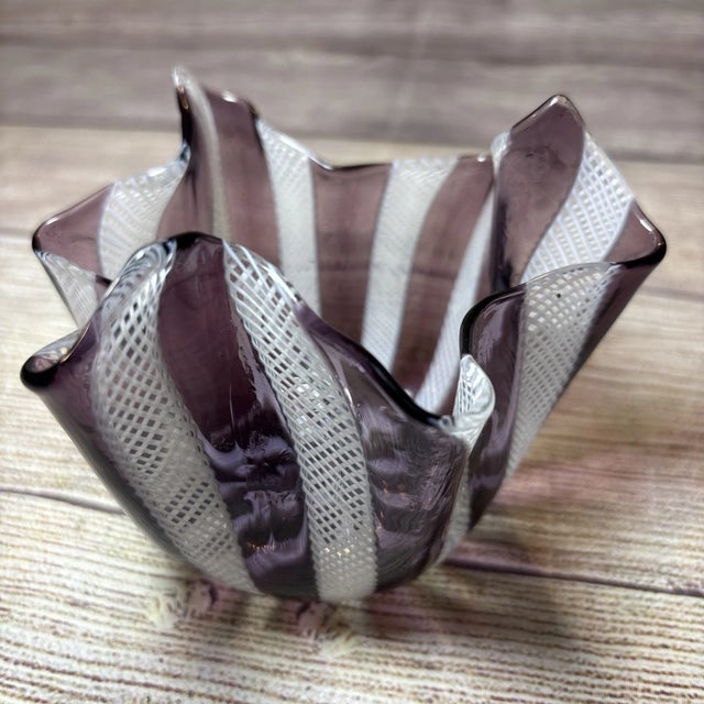 Murano Vintage Murano Style Latticino Amethyst Purple White Art Glass Handkerchief Vase For Sale - Image 4 of 7