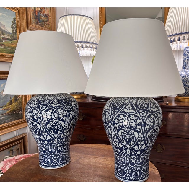 Absolutely lovely pair of Ralph Lauren blue and white ikat-patterned oversized lamps with rigid white linen shades. These...