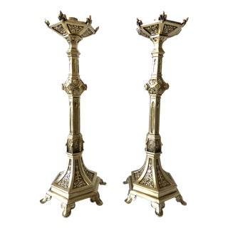 Antique Neo-Gothic Gilt Bronze Candlesticks, Set of 2 For Sale