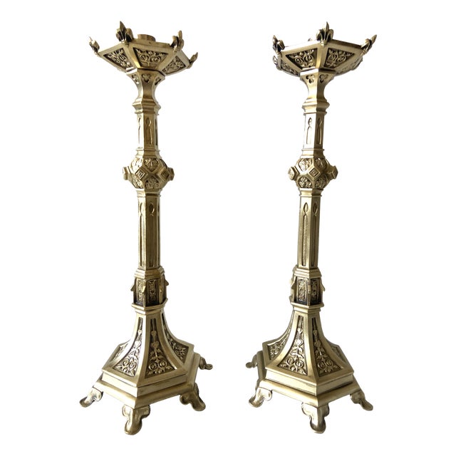 Antique Neo-Gothic Gilt Bronze Candlesticks, Set of 2 For Sale
