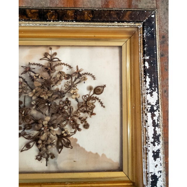 19th Century 19th Century American Victorian Folk Art Mourning Hair Embroidery Floral Bouquet For Sale - Image 5 of 12