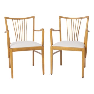 Mid-Century Beech Dining Armchairs with Light Gray Upholstery, 1950s, Set of 2 For Sale