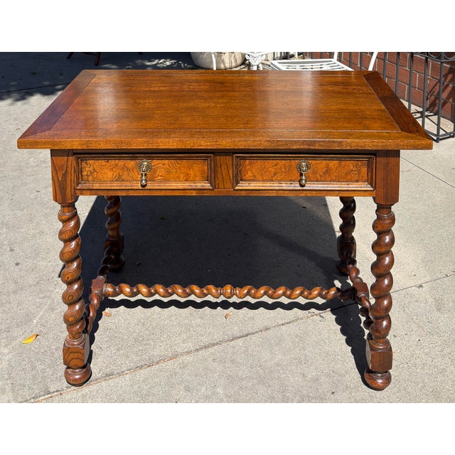 1990s Baker Furniture English Oak & Burl Wood Barley Twist Writing Desk For Sale - Image 5 of 7