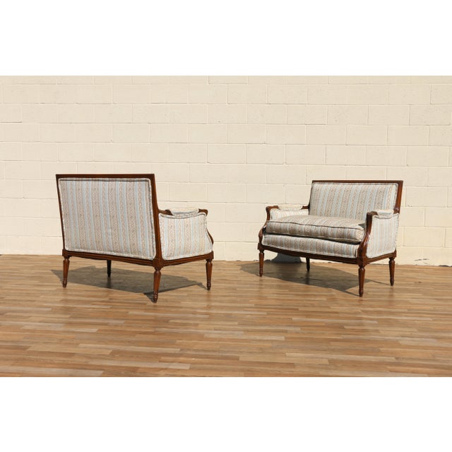Pair of Antique French Louis XVI Style Upholstered Loveseats, Circa 1950s For Sale - Image 9 of 18
